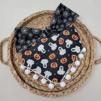 Fright Night Halloween Pumpkin and Ghost Dog Bandana With or Without Pom Pom Trim