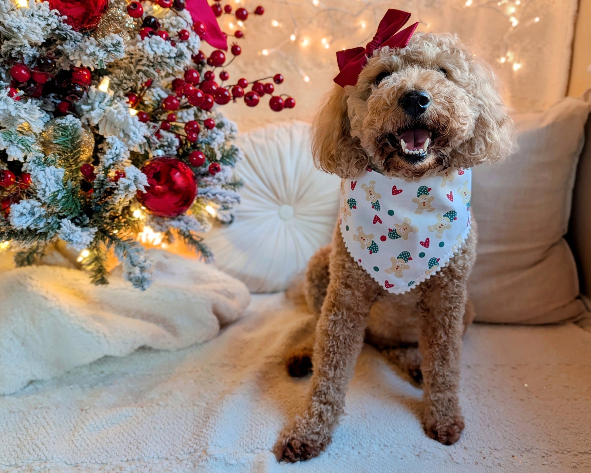 Dog wearing a bandana in front of a decorated Christmas tree
