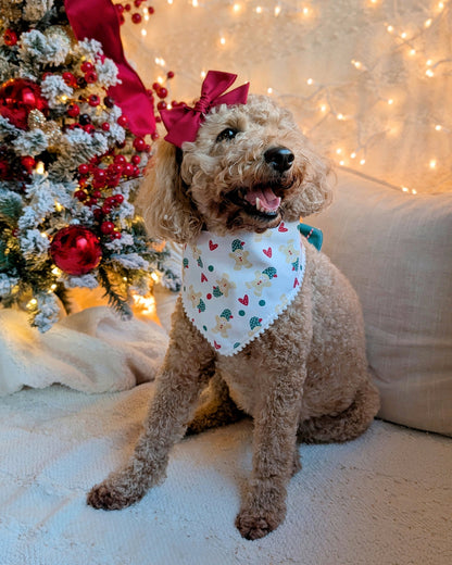 Dog wearing a bandana and bow sitting in front of a decorated Christmas tree with lights.