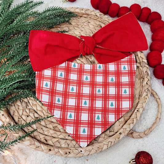 Red Gingham Christmas Tree Dog Bandana With or Without Trim