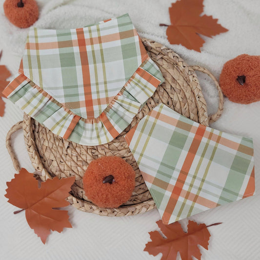 Green and Brown Fall Plaid Dog Bandana With or Without Ruffle Trim