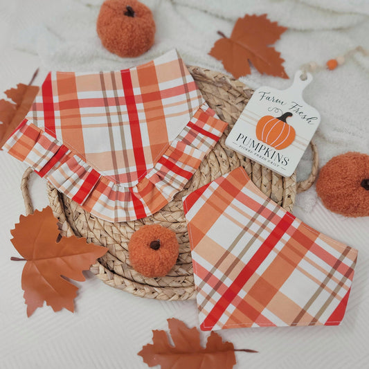 Red and Orange Fall Plaid Dog Bandana With or Without Ruffle Trim
