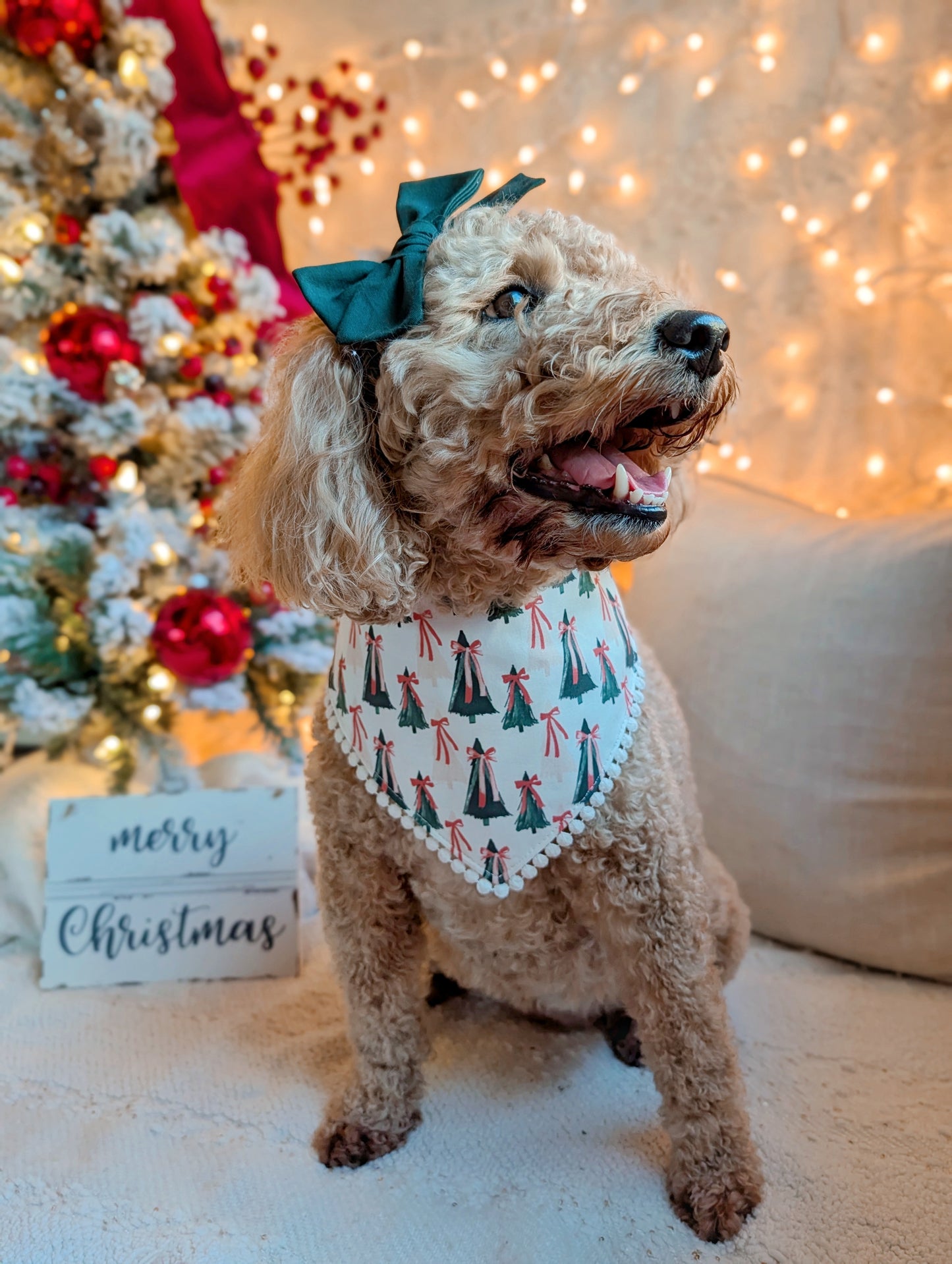 Coquette Christmas Tree and Candy Cane Reversible Dog Bandana With Flat Pom Pom Trim