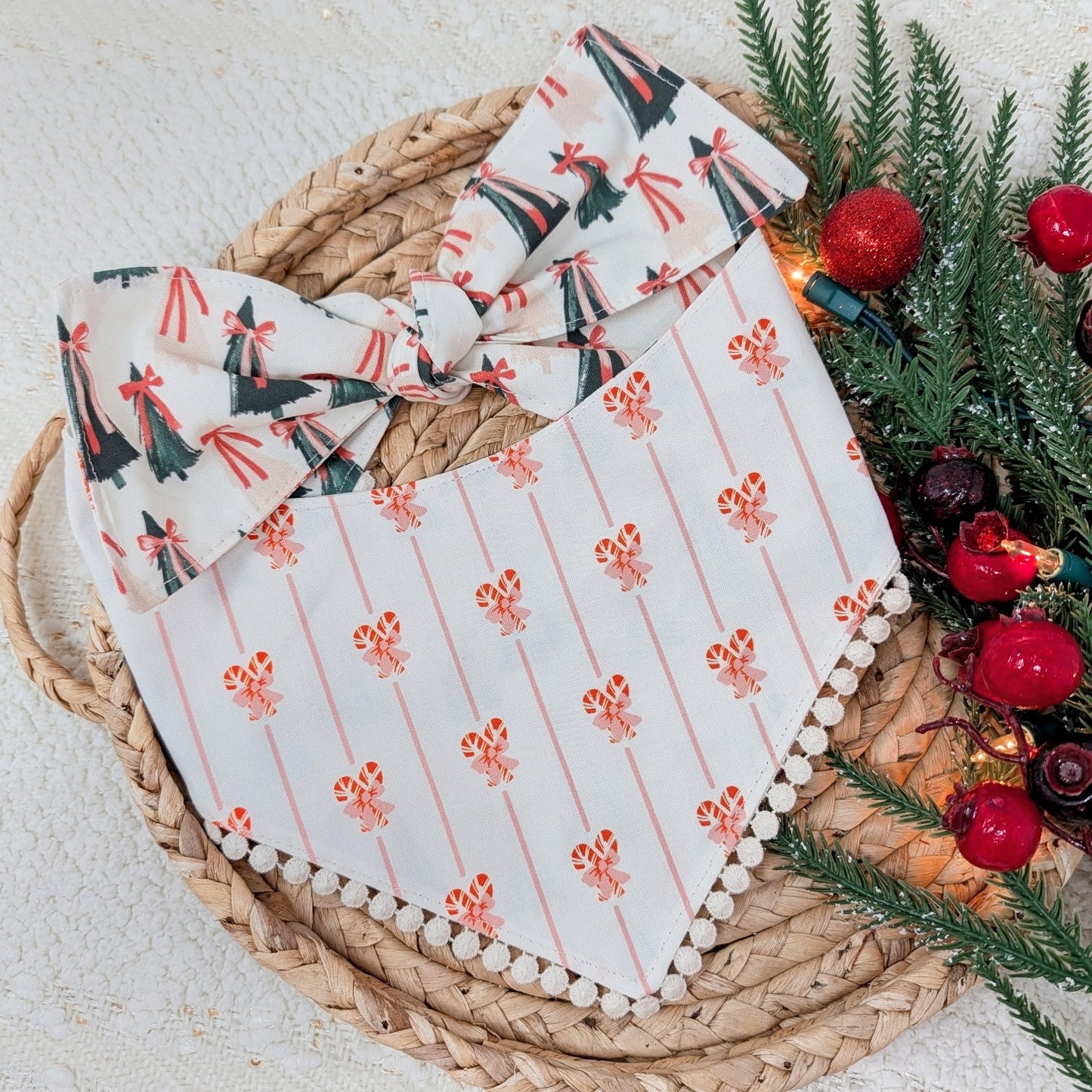 Coquette Christmas Tree and Candy Cane Reversible Dog Bandana With Flat Pom Pom Trim