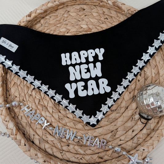 NEW Happy New Year Dog Bandana With Silver Star Trim