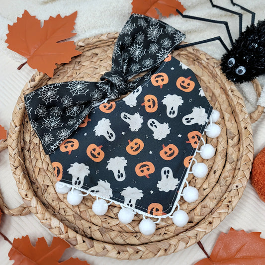 Fright Night Halloween Pumpkin and Ghost Dog Bandana With or Without Pom Pom Trim