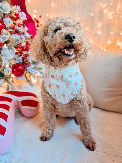 Coquette Christmas Tree and Candy Cane Reversible Dog Bandana With Flat Pom Pom Trim