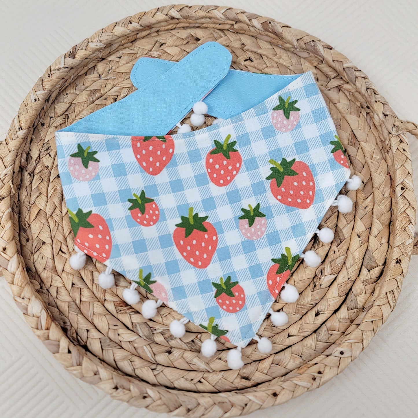 Blue Strawberry Gingham Snap On or Tie On Dog Bandana With Or Without Mini Pom Pom Trim