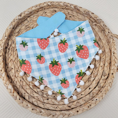 Blue Strawberry Gingham Snap On or Tie On Dog Bandana With Or Without Mini Pom Pom Trim