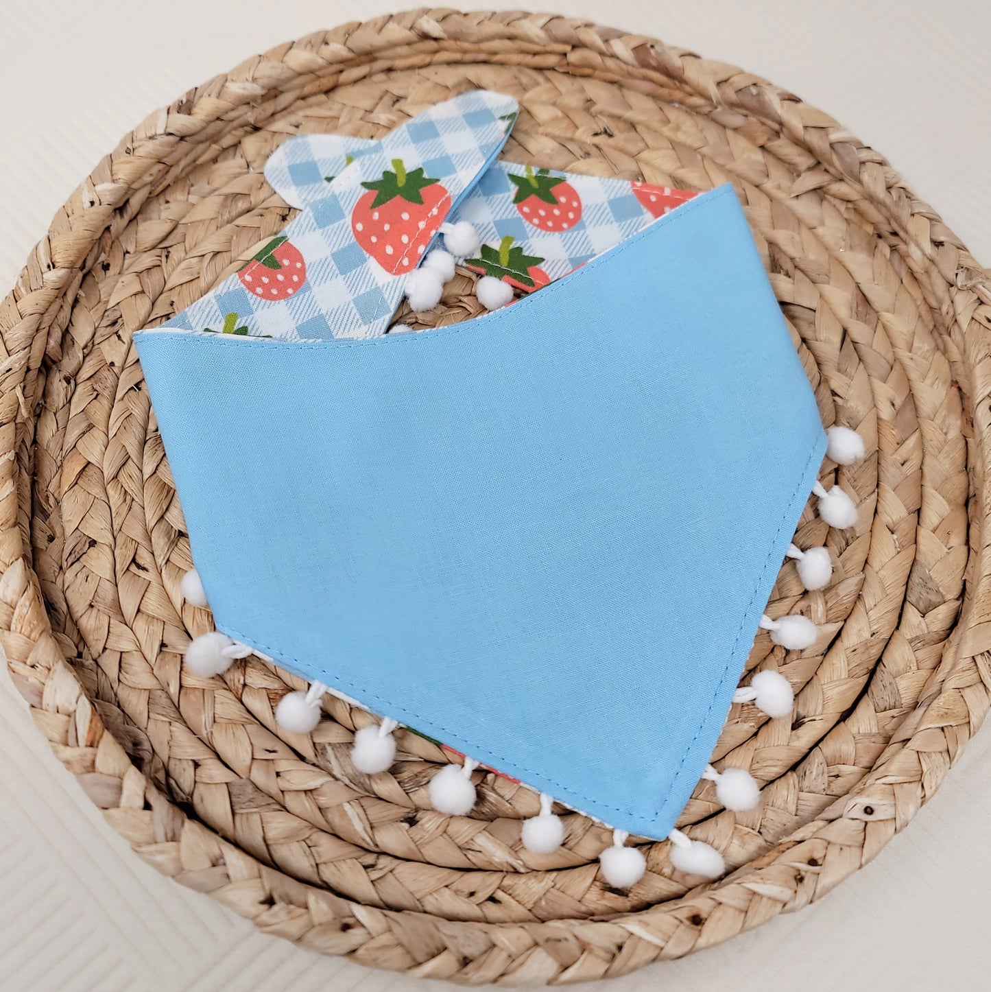 Blue Strawberry Gingham Snap On or Tie On Dog Bandana With Or Without Mini Pom Pom Trim
