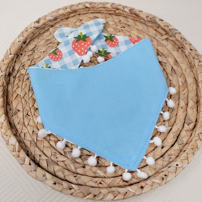 Blue Strawberry Gingham Snap On or Tie On Dog Bandana With Or Without Mini Pom Pom Trim