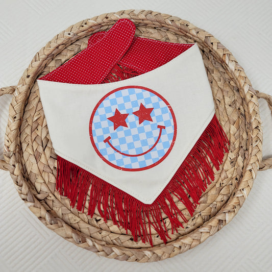 Patriotic Smiley Snap On Dog Bandana With Red Tassel Trim