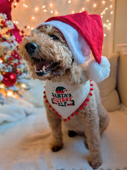 Santa's Cutest Elf Reversible Dog Bandana With Optional Pom Pom Trim