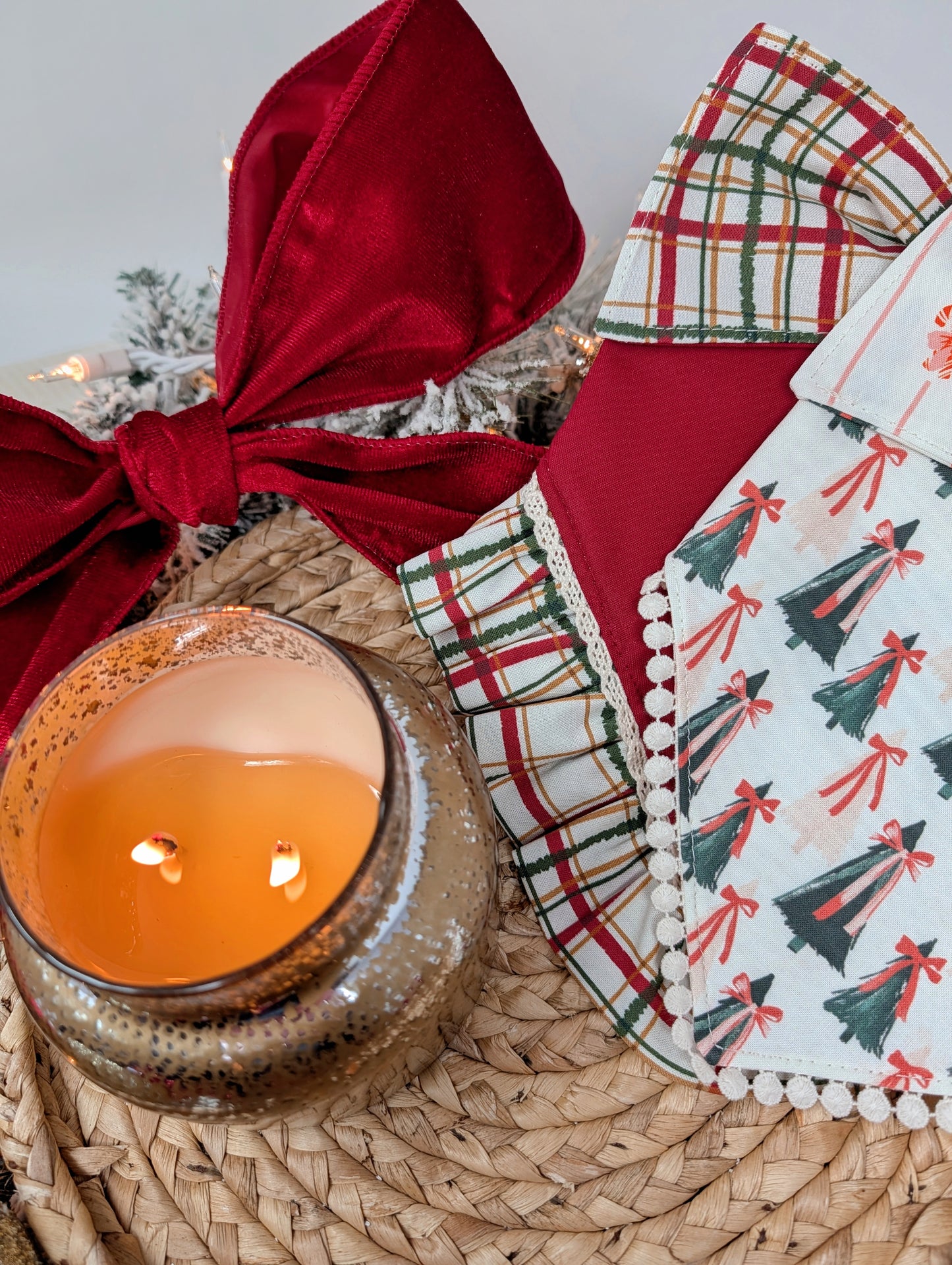 Coquette Christmas Tree and Candy Cane Reversible Dog Bandana With Flat Pom Pom Trim