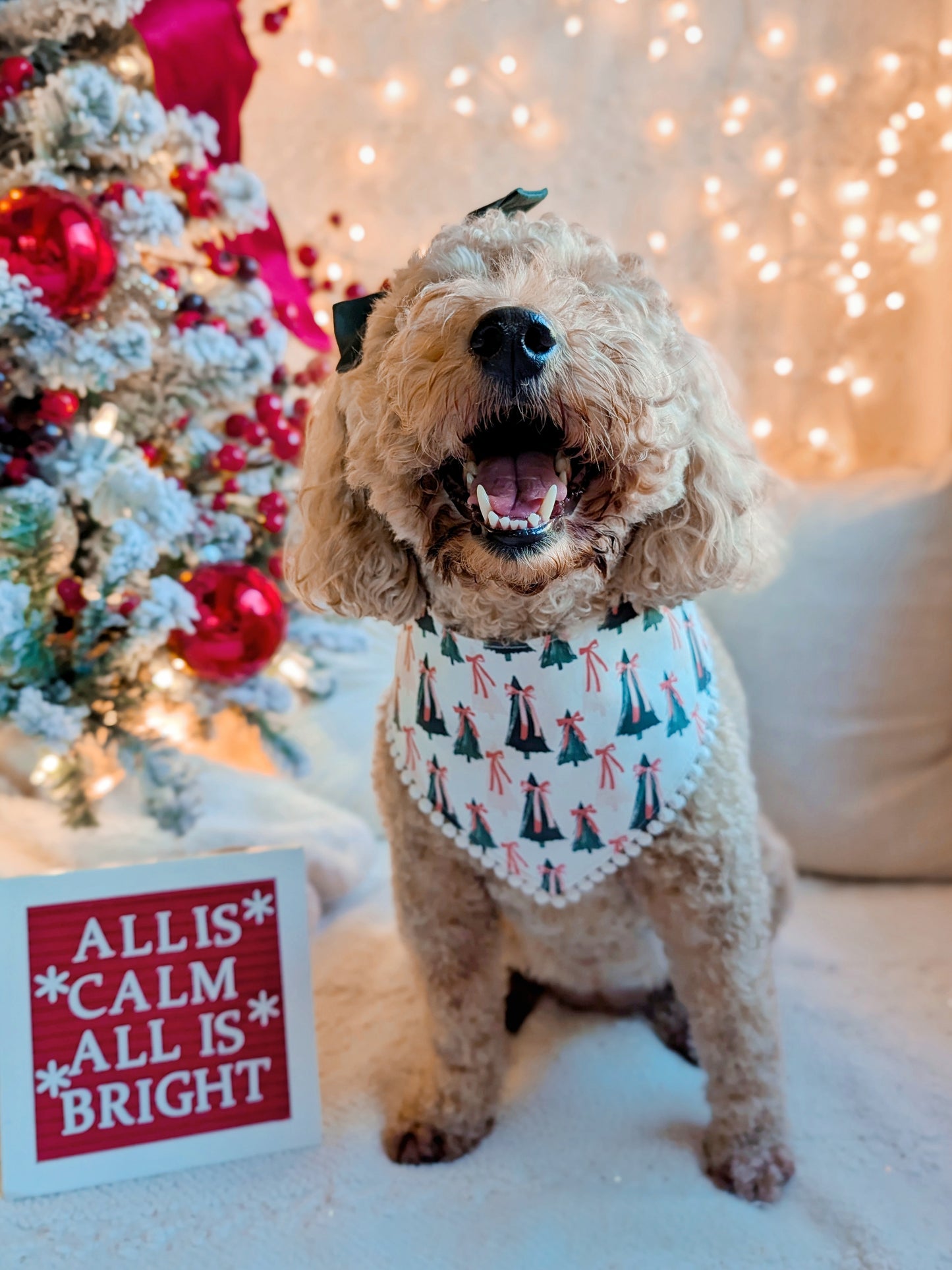 Coquette Christmas Tree and Candy Cane Reversible Dog Bandana With Flat Pom Pom Trim
