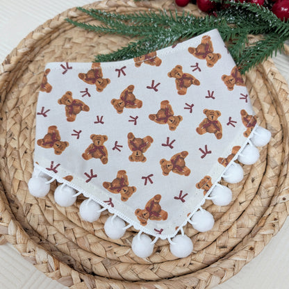 NEW Teddy Bear Snap On Dog Bandana With Pom Pom Trim