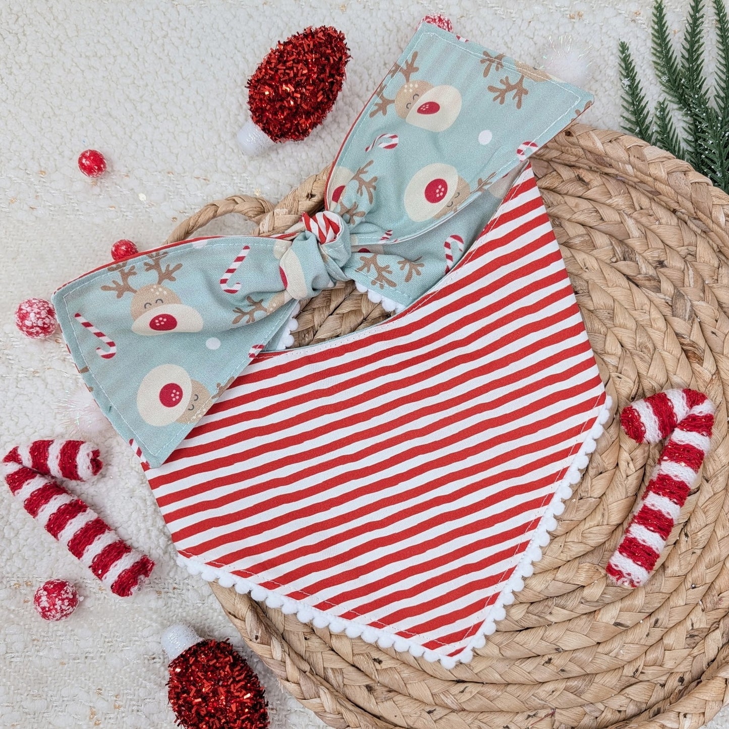 Red Nosed Reindeer Reversible Dog Bandana With Pom Pom Trim