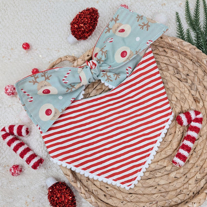 Red Nosed Reindeer Reversible Dog Bandana With Pom Pom Trim