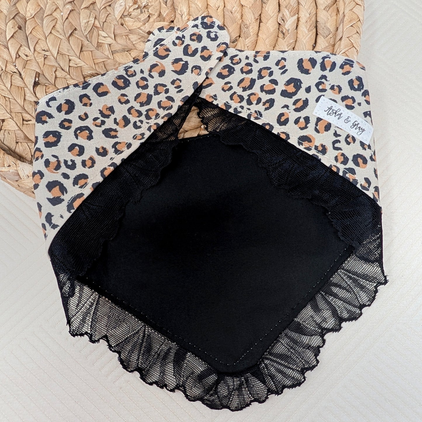 NEW Leopard Print Snap On Dog Bandana With Lace Trim and Optional Name Add On