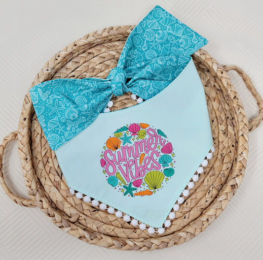 Summer Vibes Seashell Dog Bandana With or Without Flat Pom Pom Trim