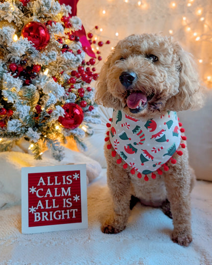 Santa's Cutest Elf Reversible Dog Bandana With Optional Pom Pom Trim