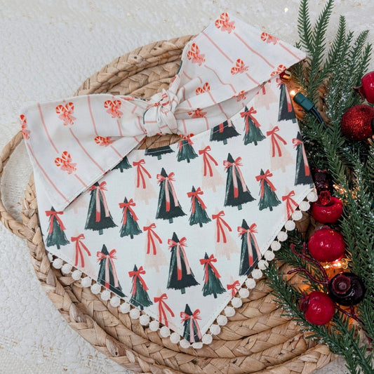 Coquette Christmas Tree and Candy Cane Reversible Dog Bandana With Flat Pom Pom Trim