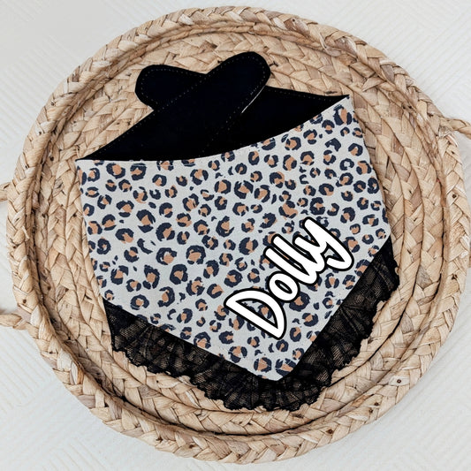 NEW Leopard Print Snap On Dog Bandana With Lace Trim and Optional Name Add On