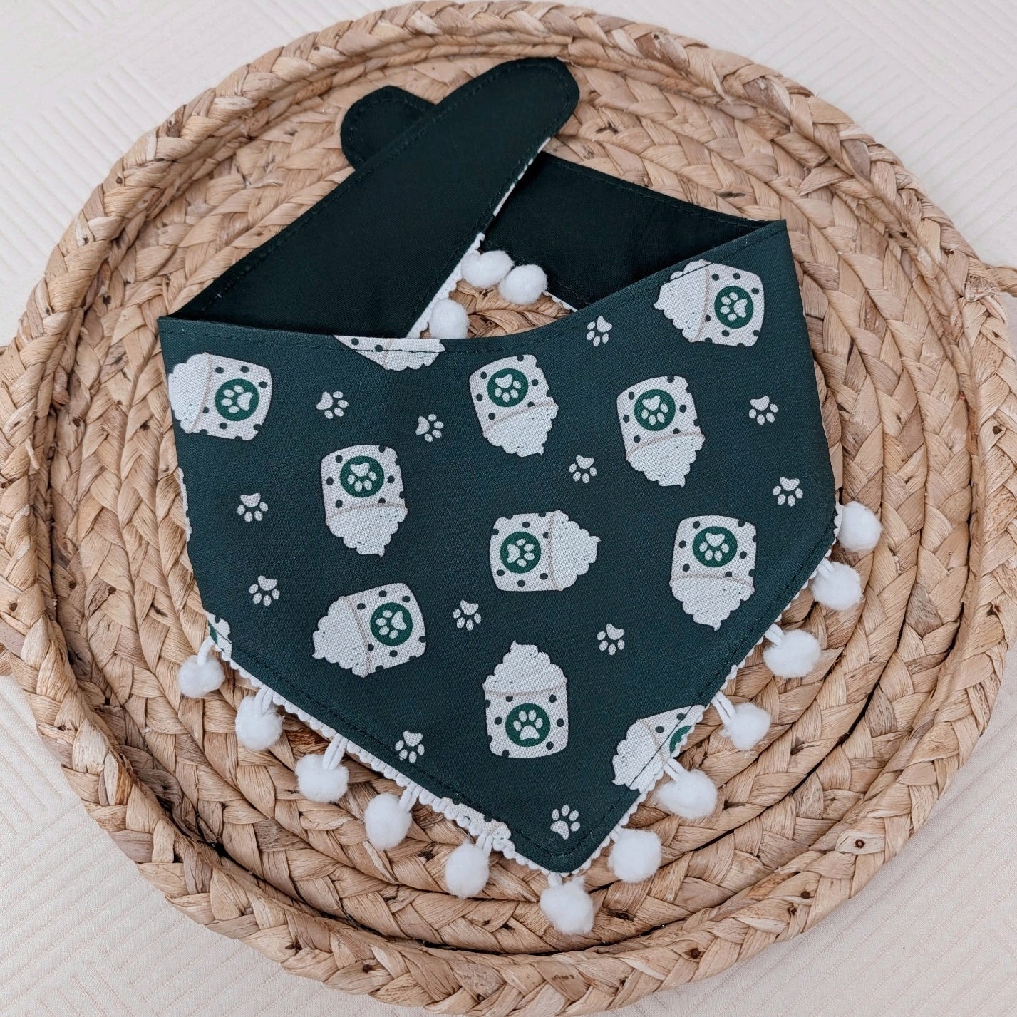 NEW Pup Cup Snap On Dog Bandana With Mini Pom Pom Trim