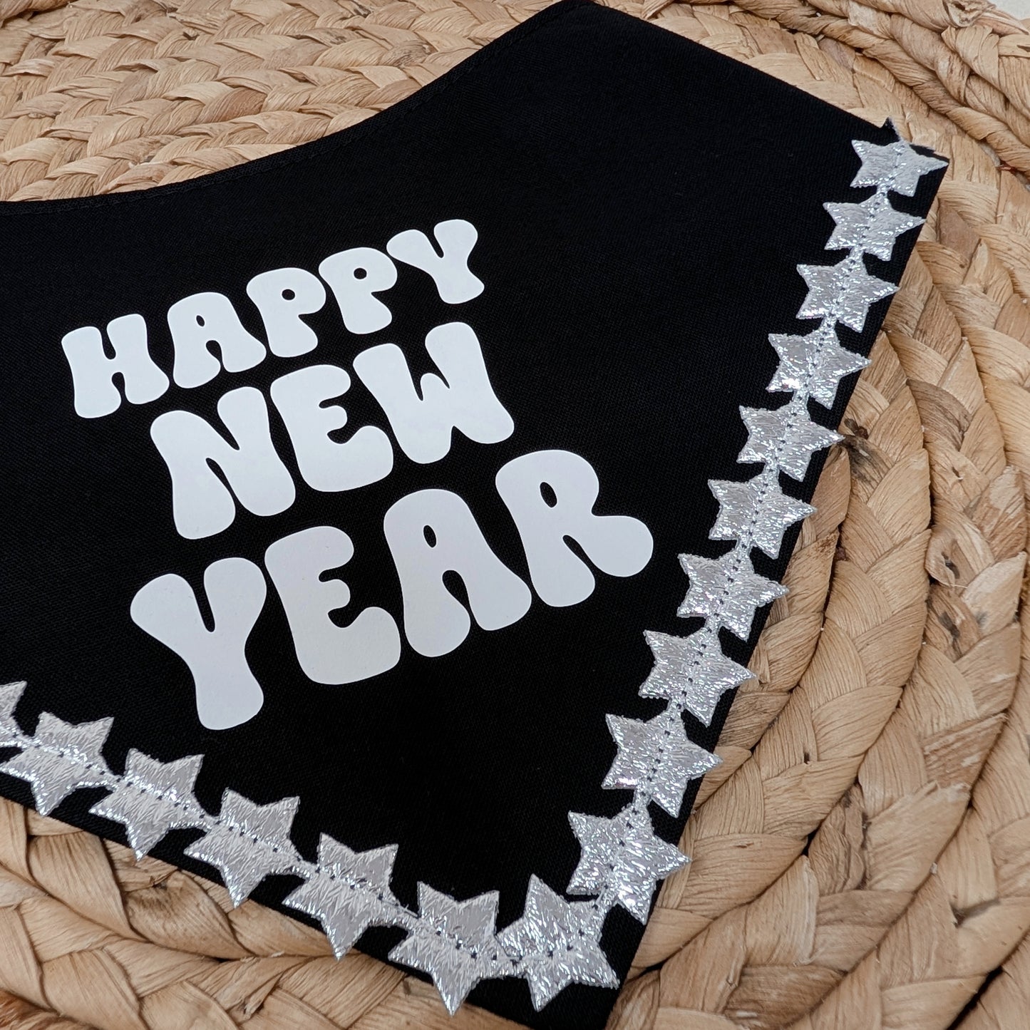 Happy New Year Dog Bandana With Silver Star Trim