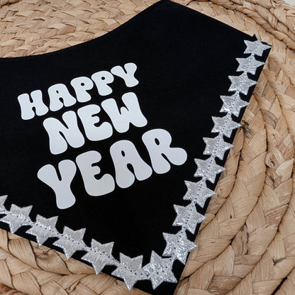 Happy New Year Dog Bandana With Silver Star Trim