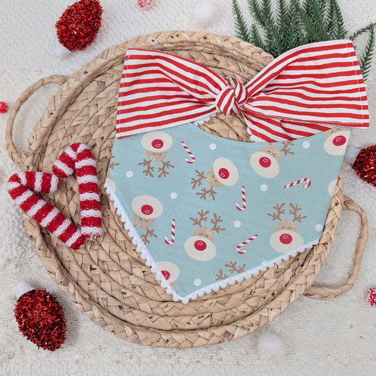Red Nosed Reindeer Reversible Dog Bandana With Pom Pom Trim