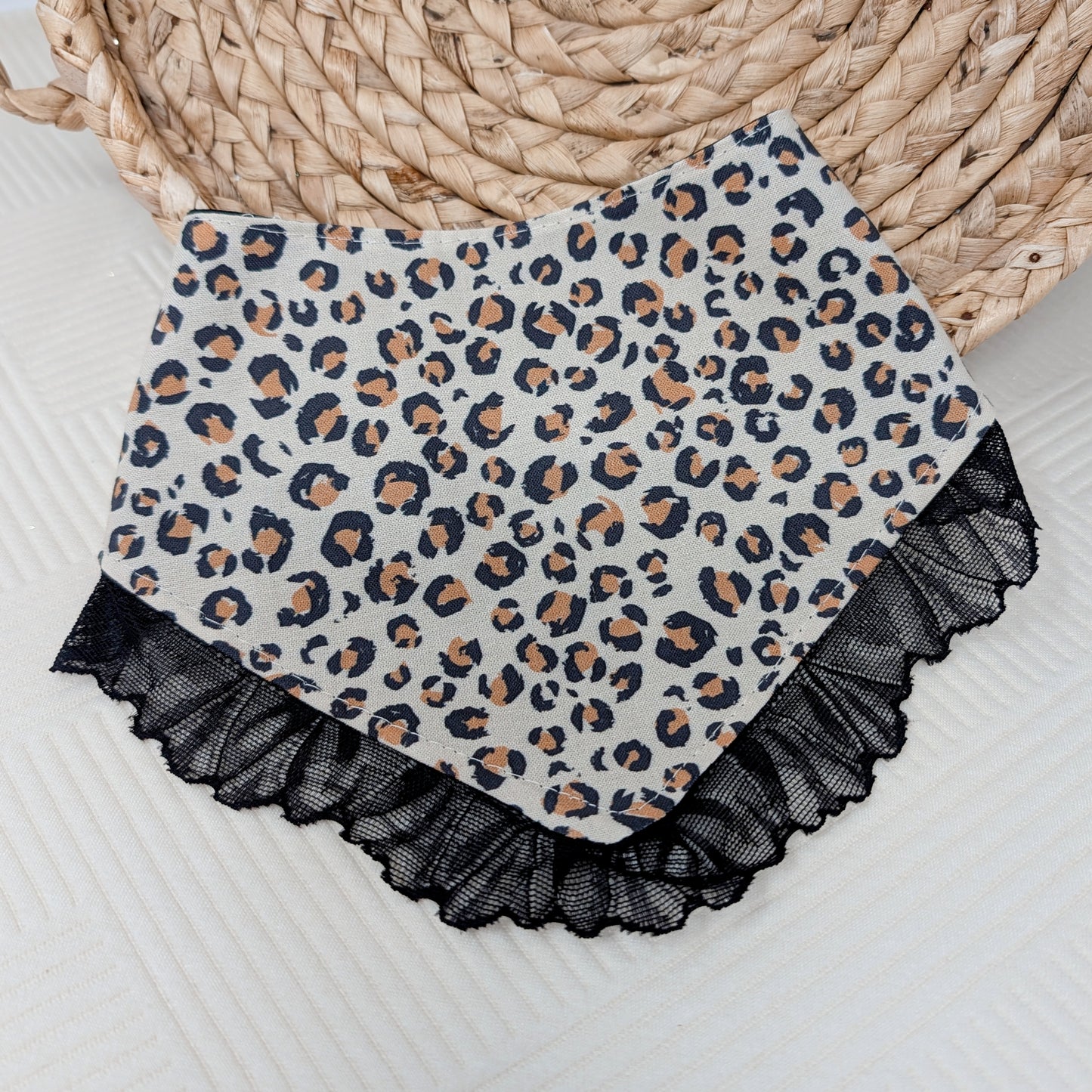 NEW Leopard Print Snap On Dog Bandana With Lace Trim and Optional Name Add On