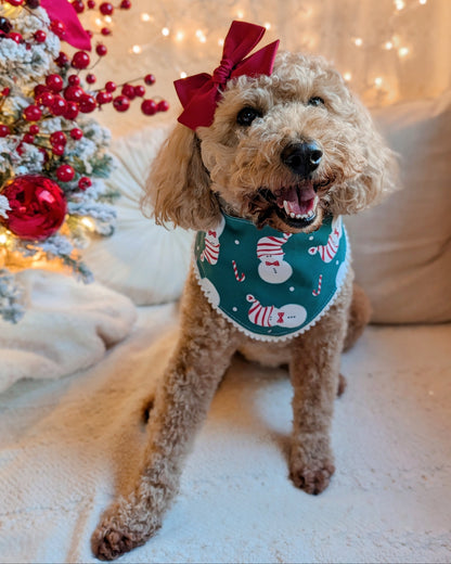 Dog wearing a festive bandana and bow tie in front of a Christmas tree.