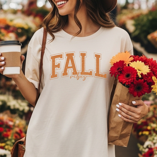 Person wearing a 'FALL' shirt holding flowers and a coffee cup in an outdoor setting.